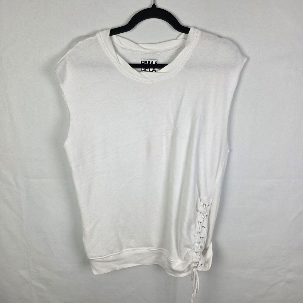 Pam & Gela White Sleeveless Lace Up Side Muscle Sweatshirt Top Small